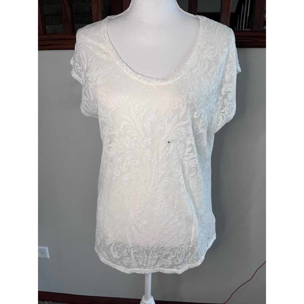 Express Ivory White Burnout Lace Floral Damask Scoop Neck Top NWT Medium